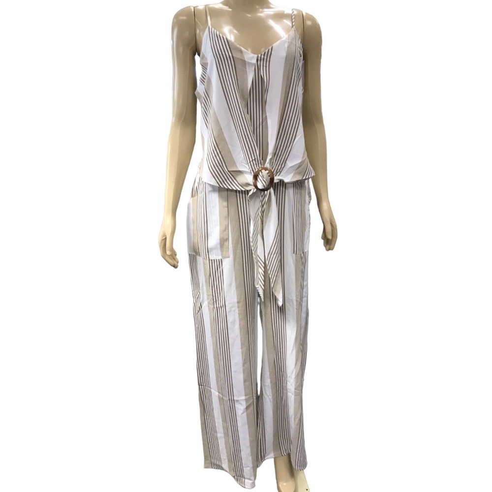 Allie Rose Brown-Tan-Cream  Striped Polyester Wide Leg Jumpsuit Size Large